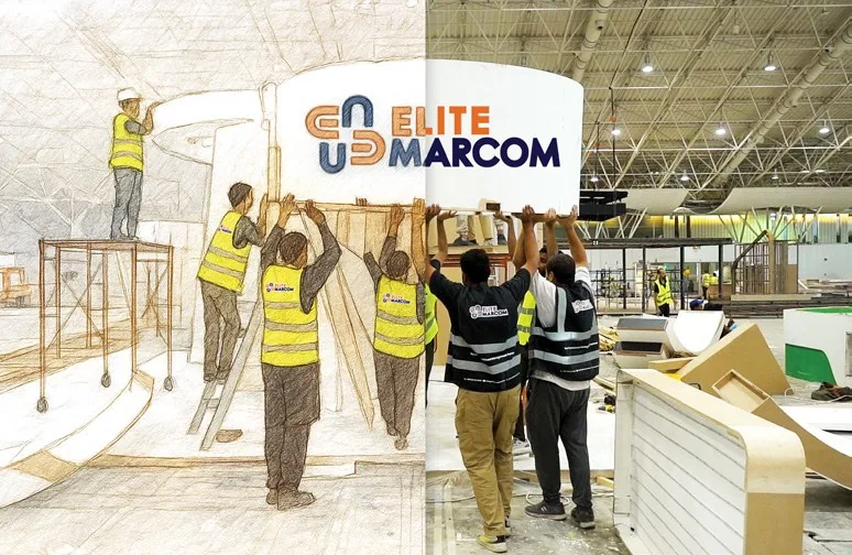 Elite Marcom crew installing a branded exhibition structure