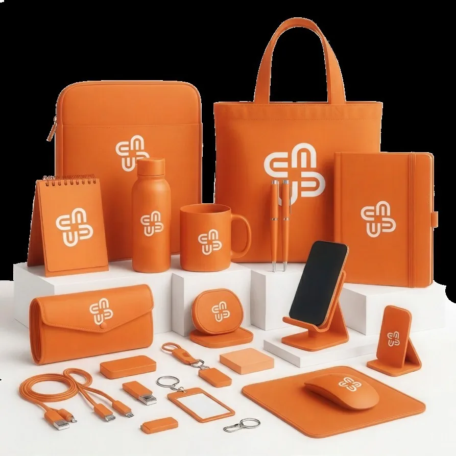 Coordinated collection of branded orange merchandise