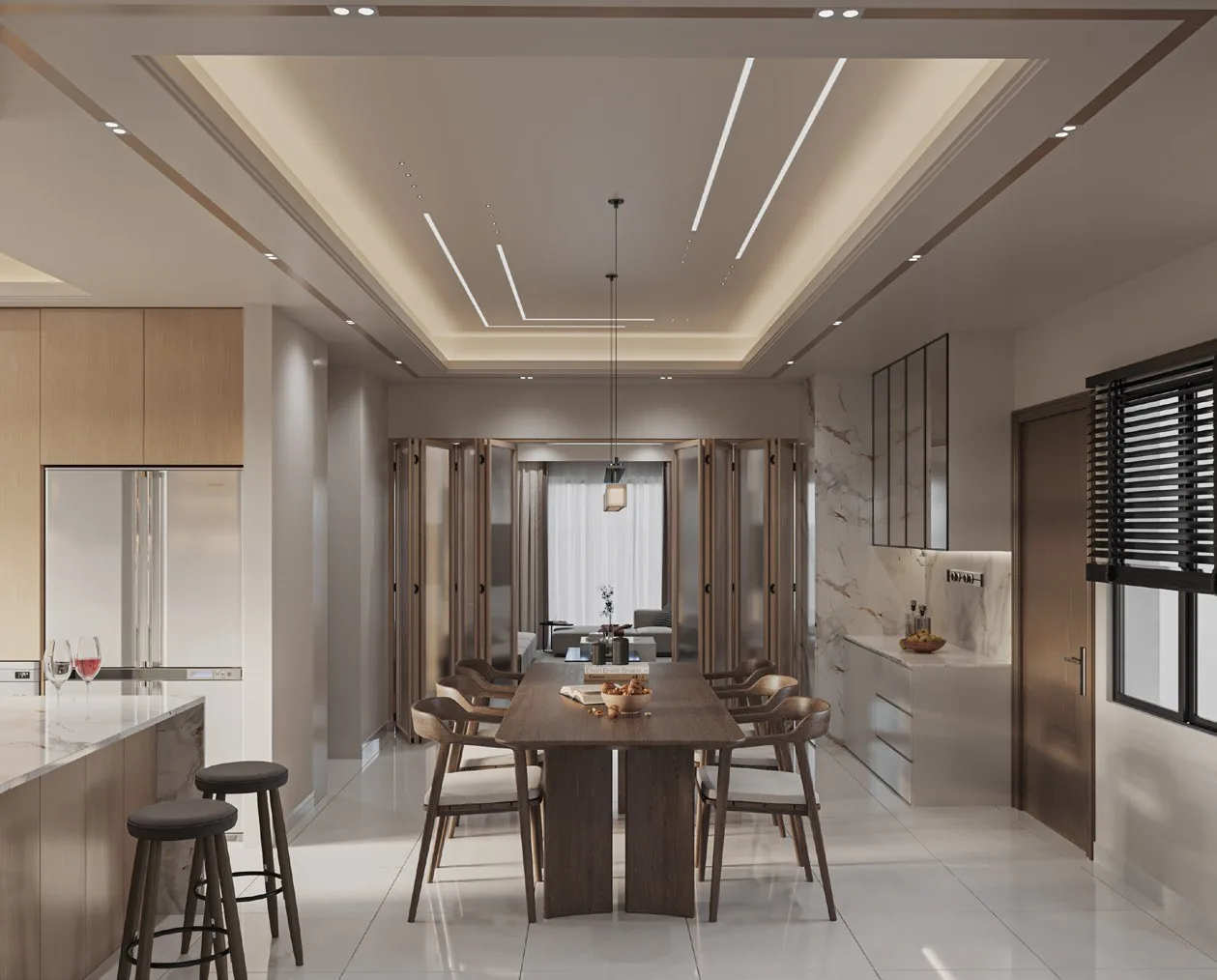 Contemporary workplace interior with warm wood and soft light