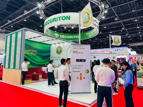 Securiton product-focused exhibition stand with visitors
