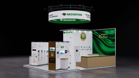 Securiton stand design render with suspended circular banner