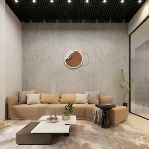 Contemporary fit-out interior with soft neutral furniture