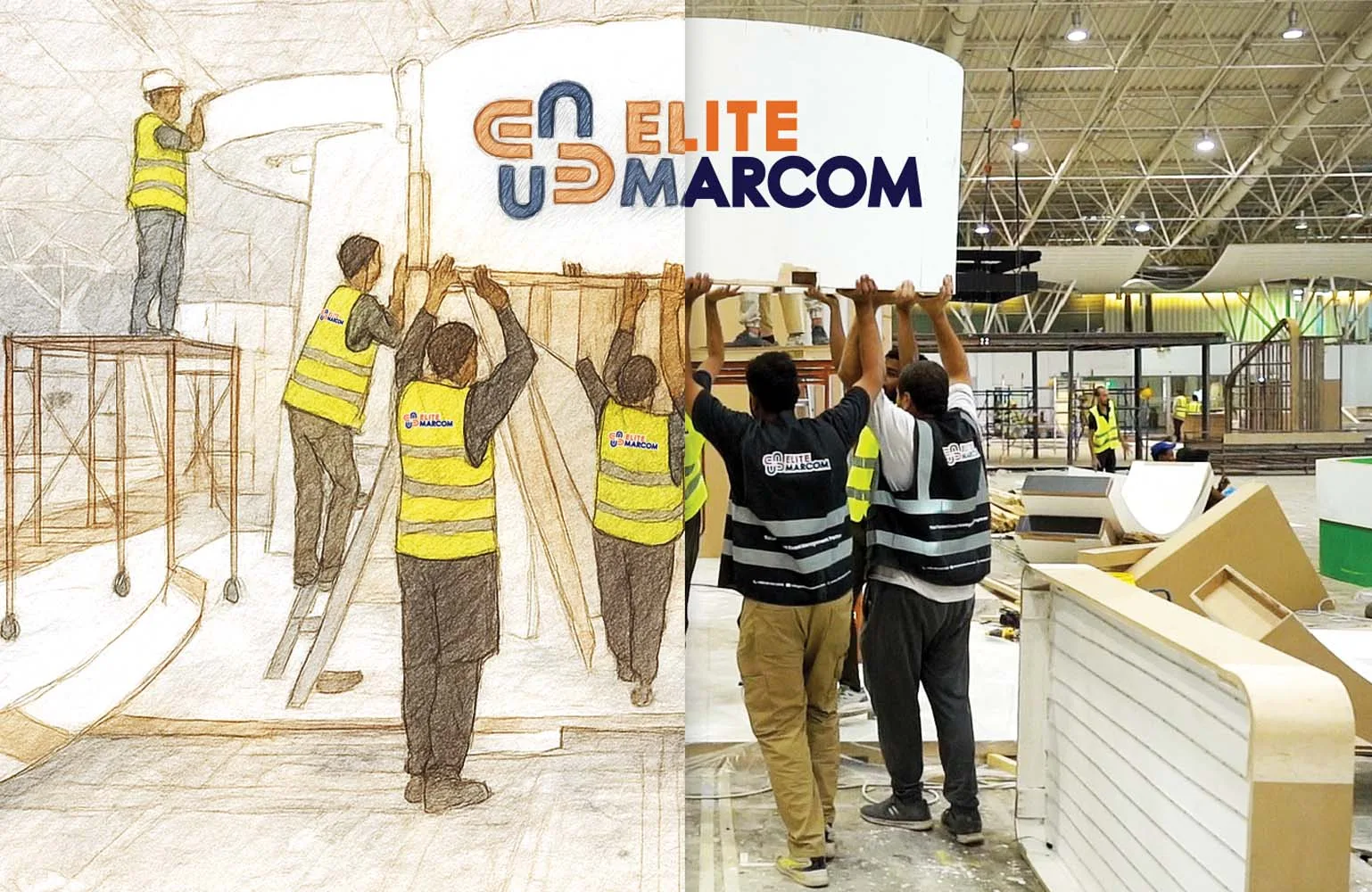 Elite Marcom crew installing a branded exhibition structure